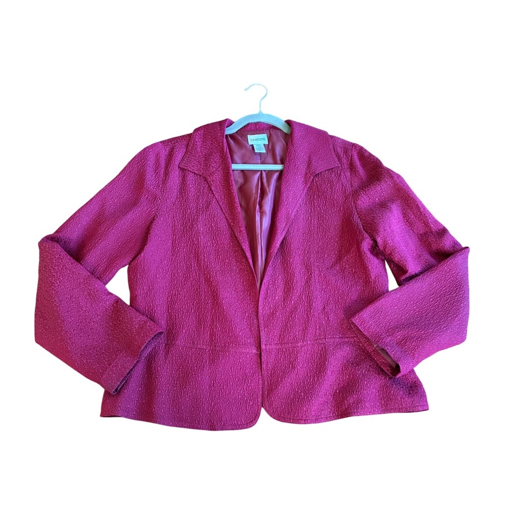 Chicos Silk Blend Textured Jacquard Open Front Blazer Magenta Pink Size 1 M
